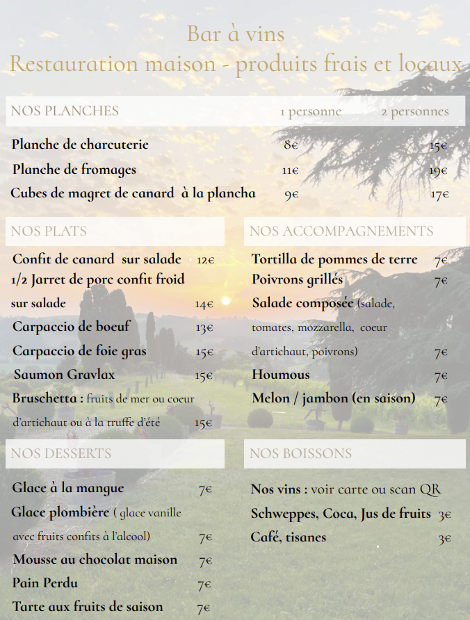 carte Bar à vin Labastide Orliac